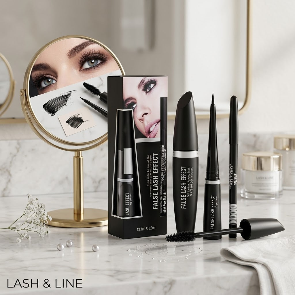 Waterproof Makeup Set - 3 in 1 Combo: False Lash Effect Mascara, Precision Eyeliner & Eyebrow Pencil - Long Lasting & Smudge-Proof Eye Makeup Kit - Black