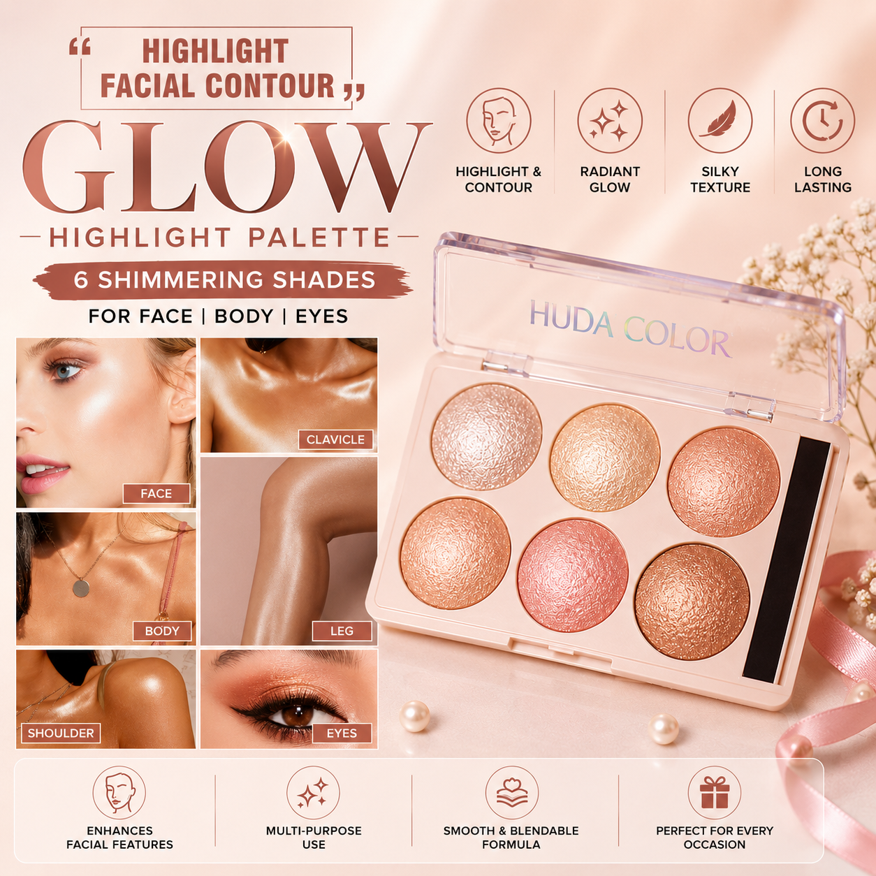 6 Color Glow Highlighter Palette | Face, Eyes & Body Illuminating Makeup | Long-Lasting Shimmer