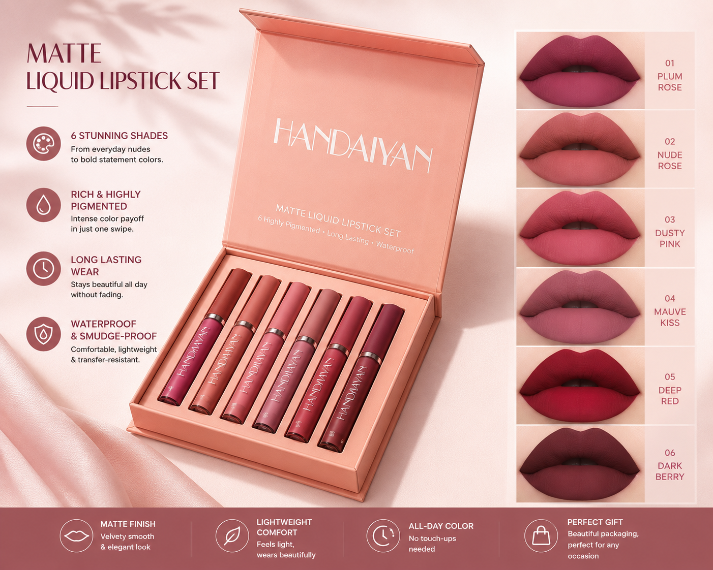 HANDAIYAN Matte Liquid Lipstick Set | 6 Waterproof, Smudge-Proof & Long-Lasting Shades