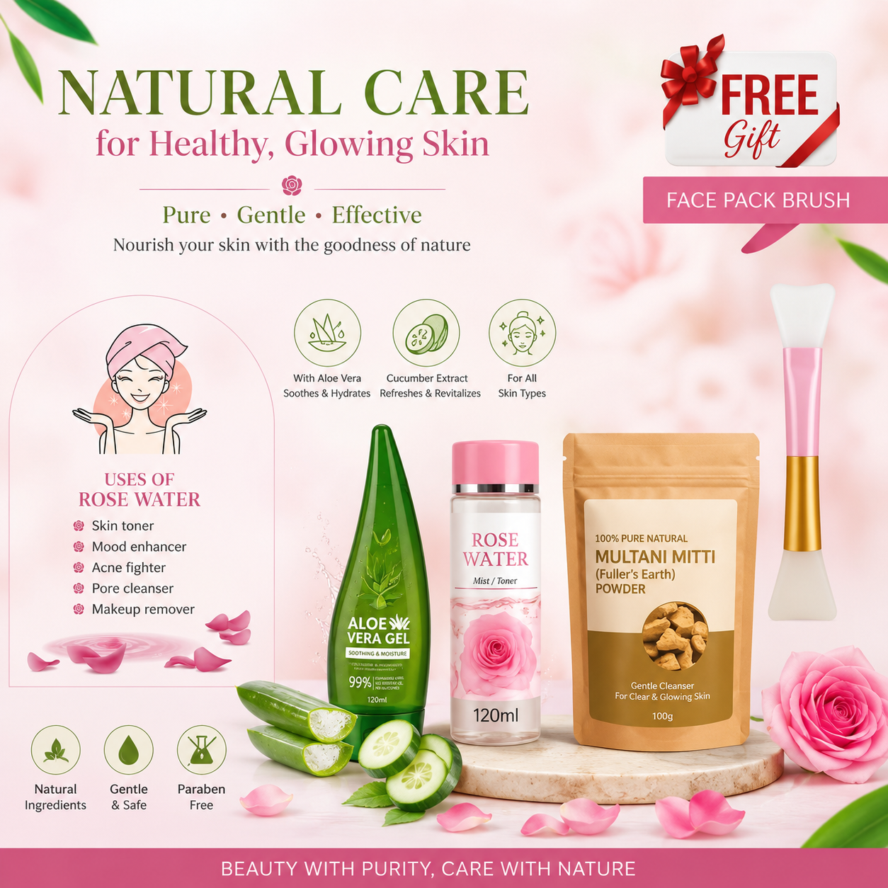 Natural De-Tan Face Pack Combo with Rose Water, Aloe Vera Gel & Multani Mitti | Glowing Skin Care Kit