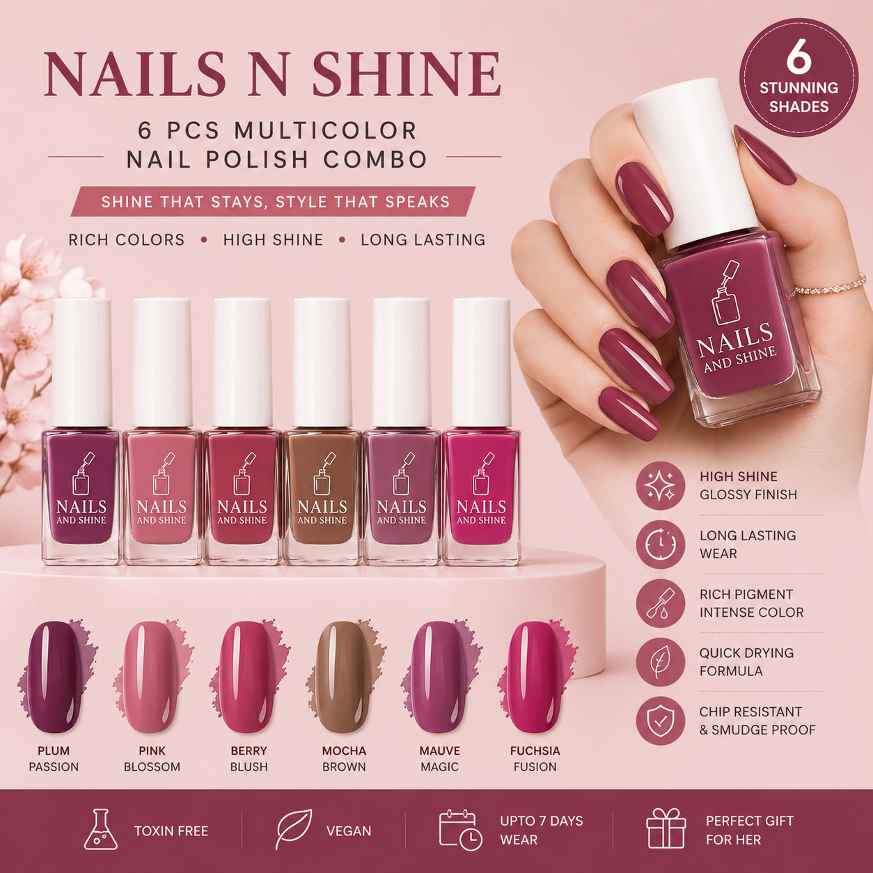 Nails N Shine 6 Pcs Multicolor Nail Polish Combo – Long Lasting, High Shine & Quick Dry