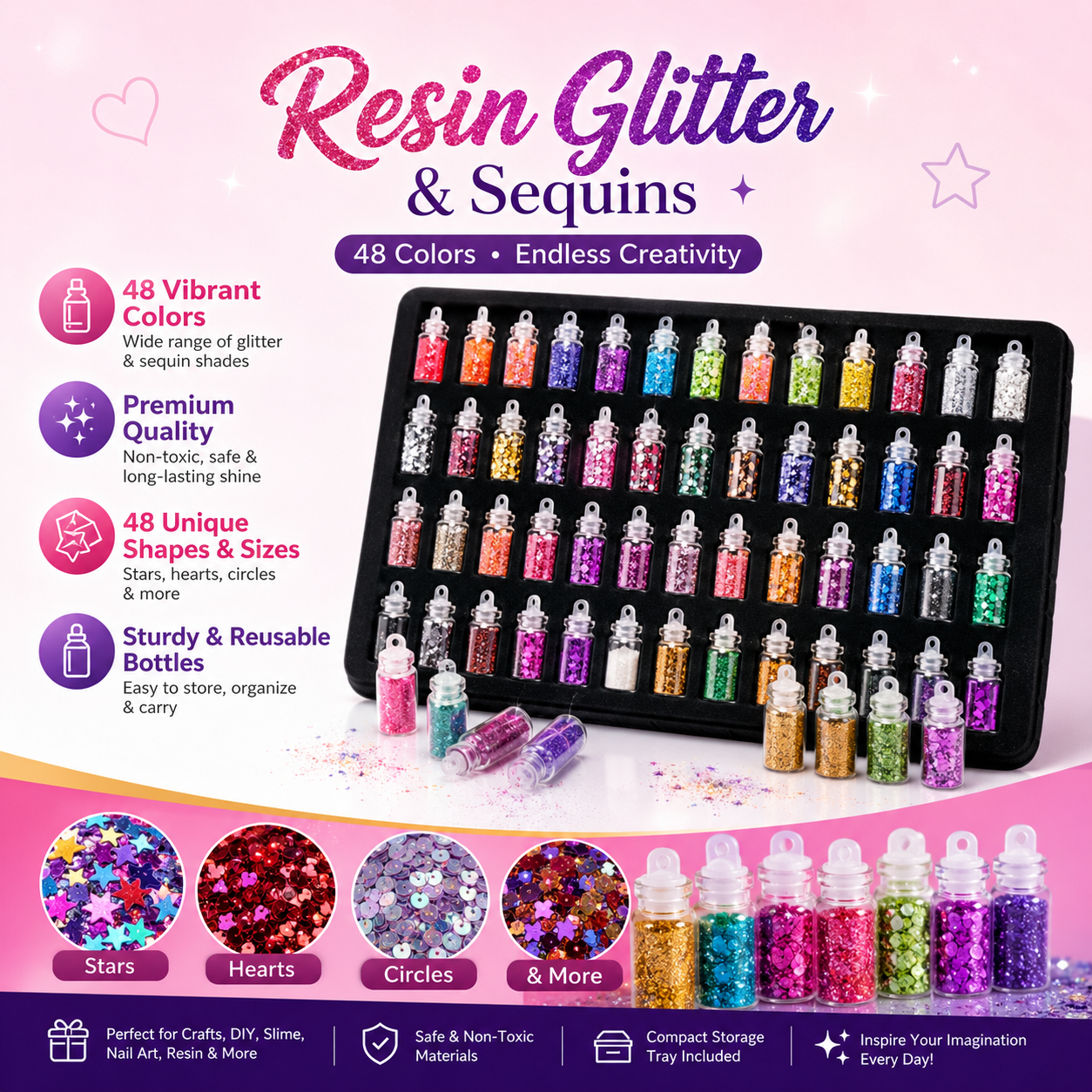 48 Colors Resin Glitter & Sequins Set – Premium Glitter Bottles for Resin Art, Nail Art, DIY Crafts & Slime