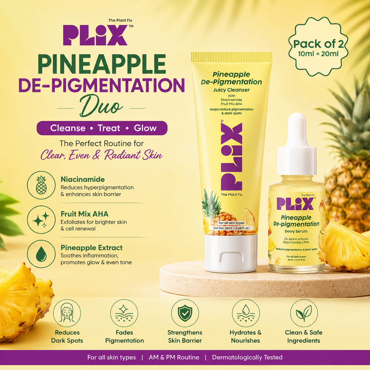 PLIX Pineapple De-Pigmentation Duo | Face Cleanser & Brightening Serum for Dark Spots