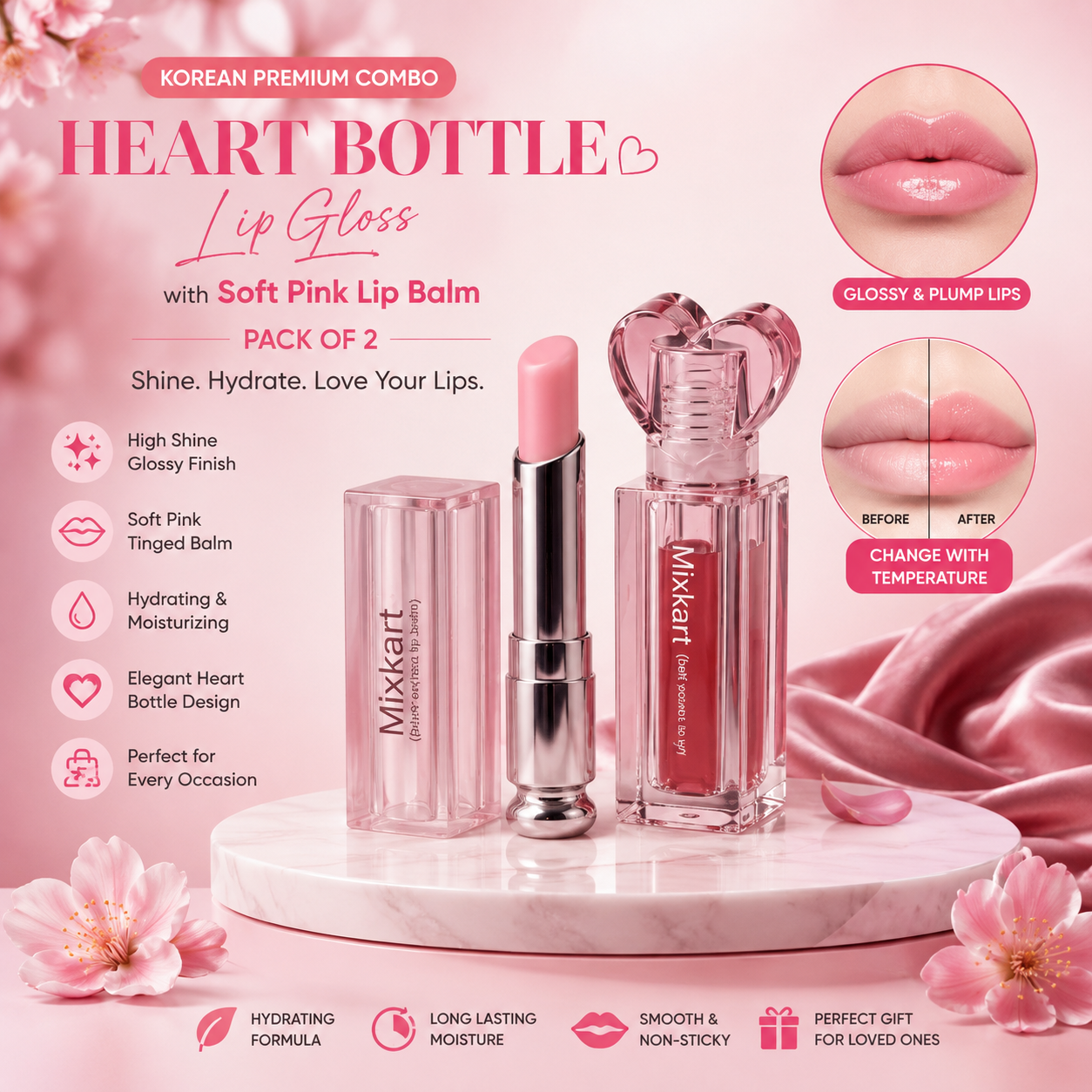 Korean Premium Combo Heart Bottle Lip Gloss with Soft Pink Lip Balm (Pack of 2) | Hydrating & Glossy Lip Care