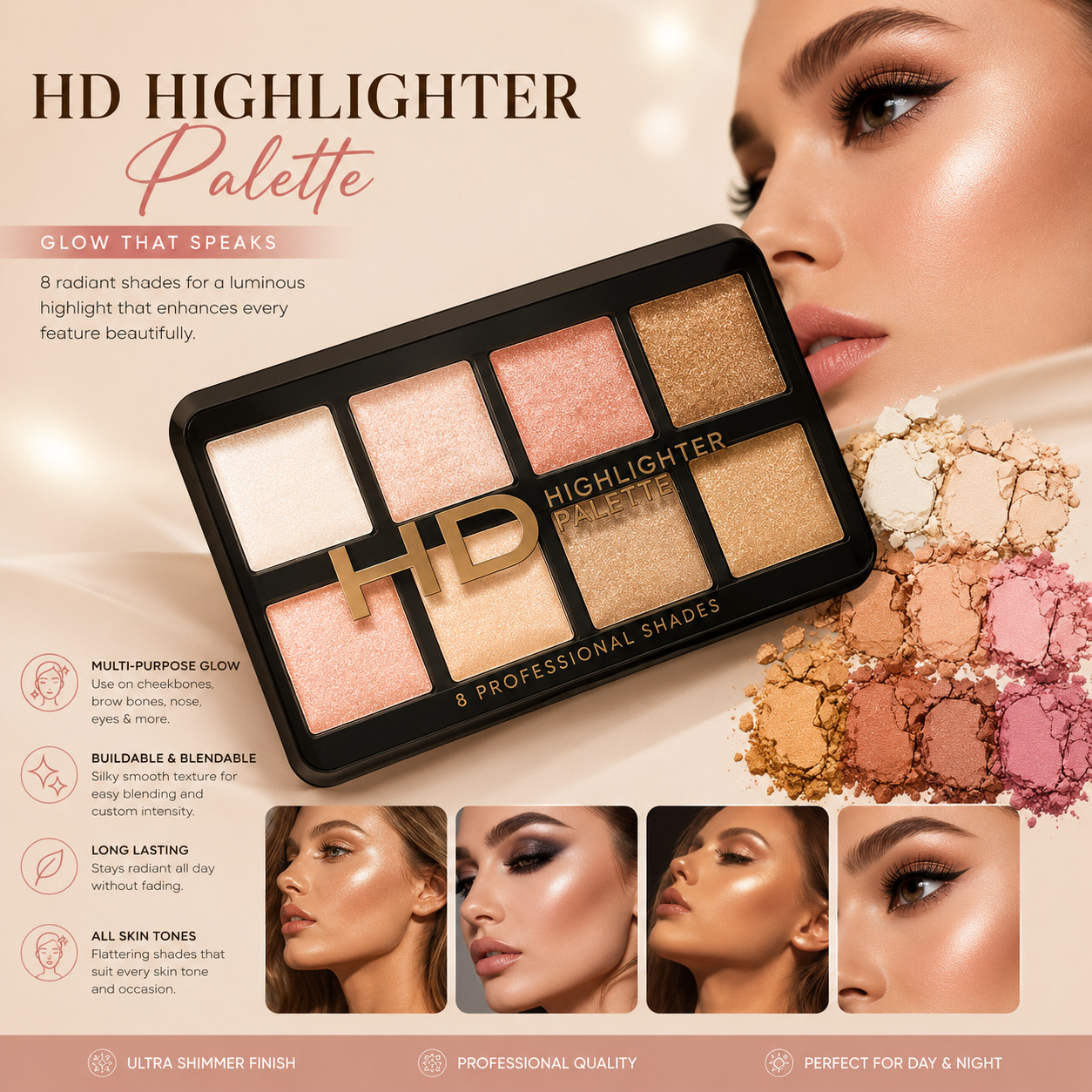 HD Highlighter Palette – 8 Radiant Shades for a Stunning, Luminous Glow