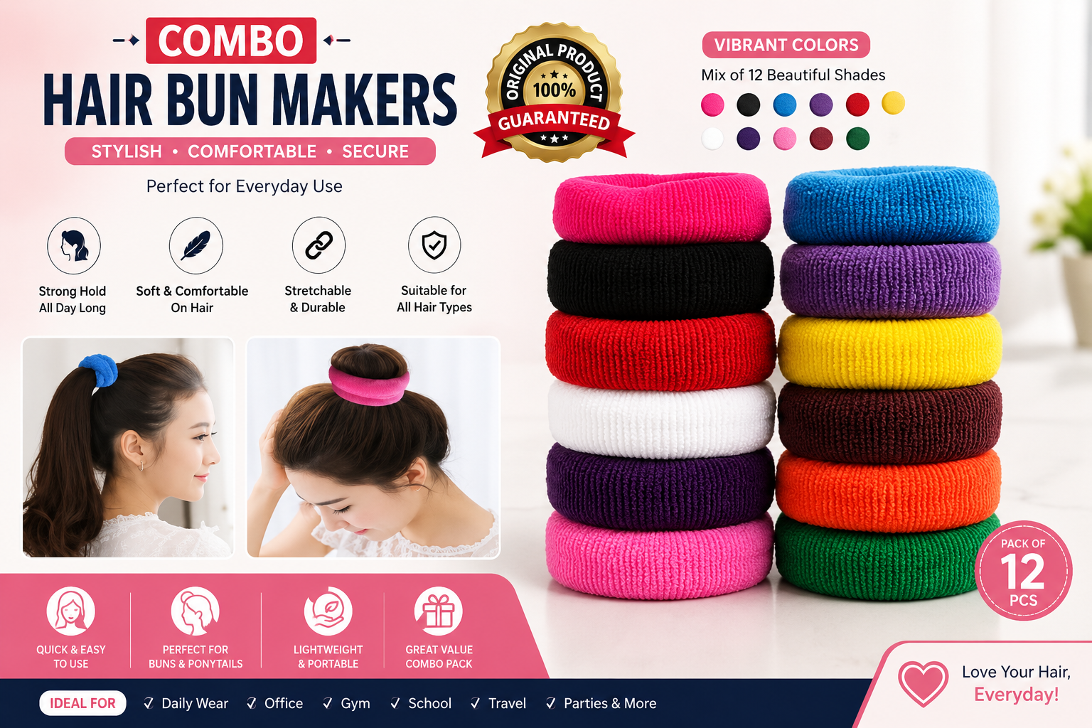 Premium 12-Piece Hair Bun Maker Combo – Soft, Stretchable & Stylish for Everyday Hairstyles