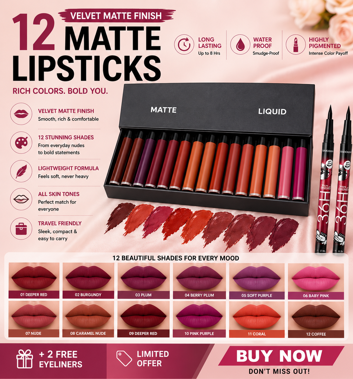 12 Shade Matte Liquid Lipstick Collection + 2 Free Eyeliners