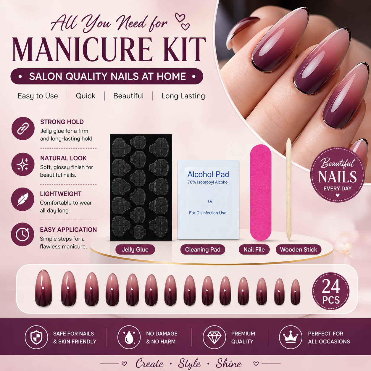 24 Pcs Reusable Press-On Nails Manicure Kit | Glossy Ombre False Nails with Jelly Glue & Nail Accessories