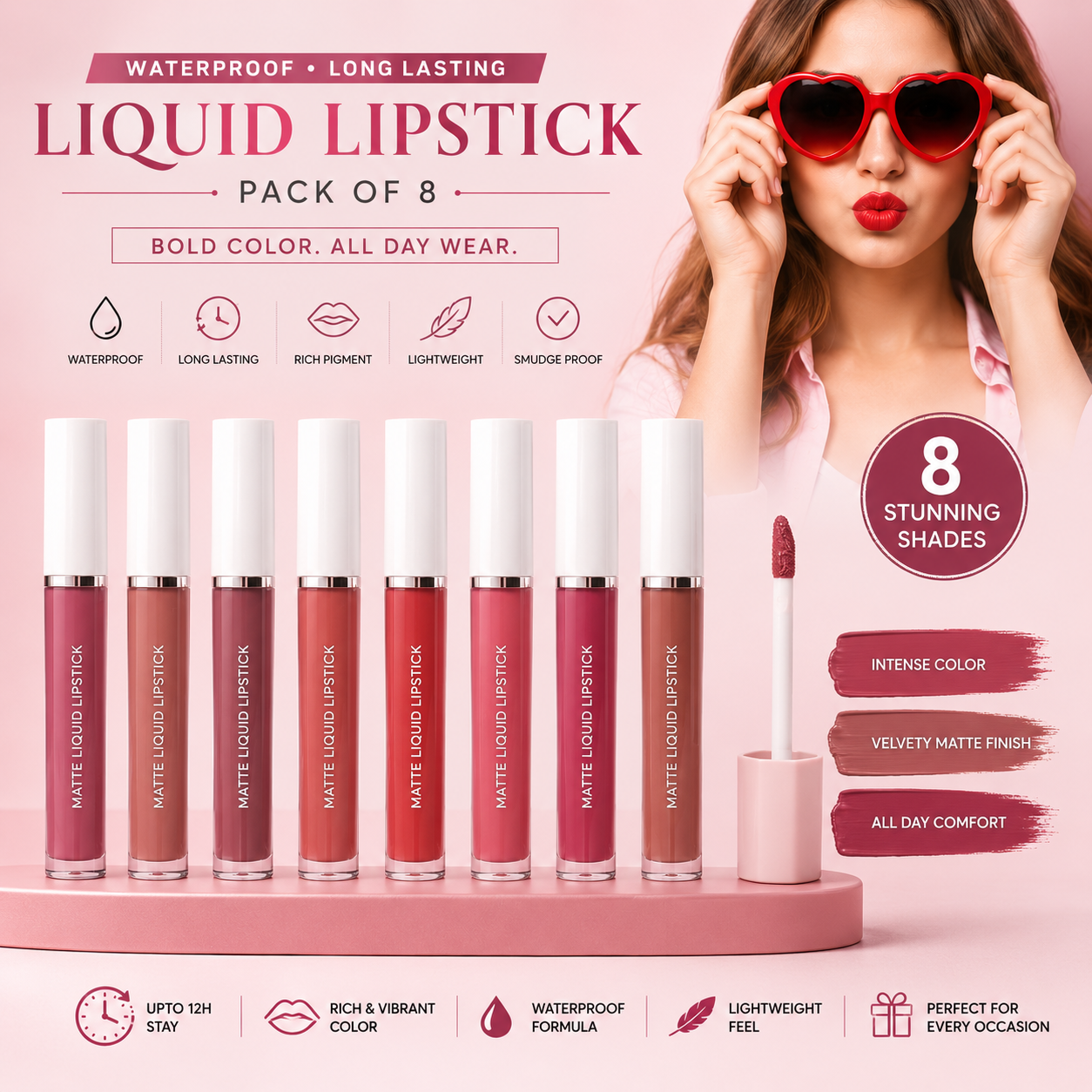 Waterproof Long Lasting Liquid Lipstick (Pack of 8) – Matte Finish, Smudge-Proof & Highly Pigmented