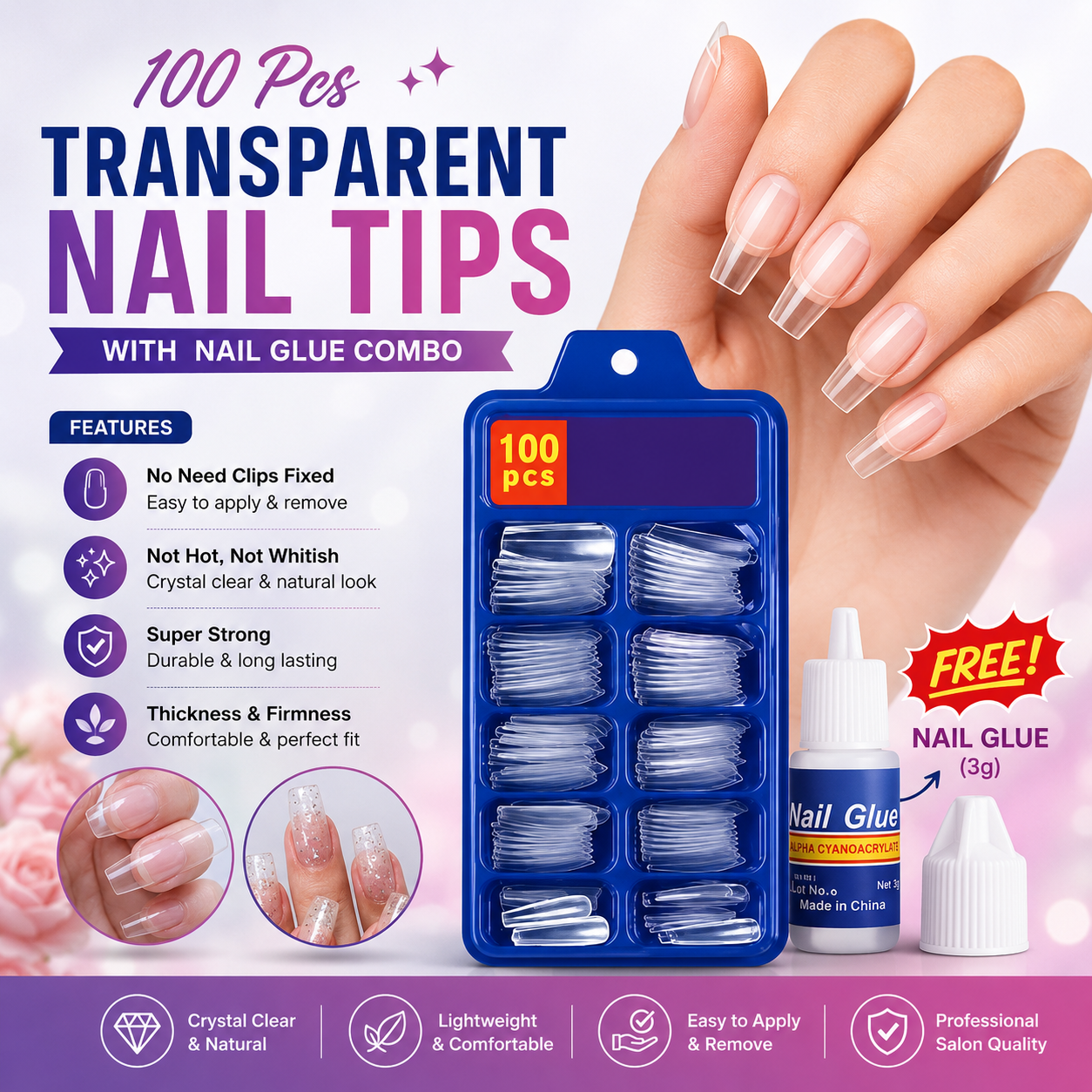 100 Pcs Transparent Nail Tips with Nail Glue Combo | Full Cover Artificial False Nails for Salon-Quality Manicure