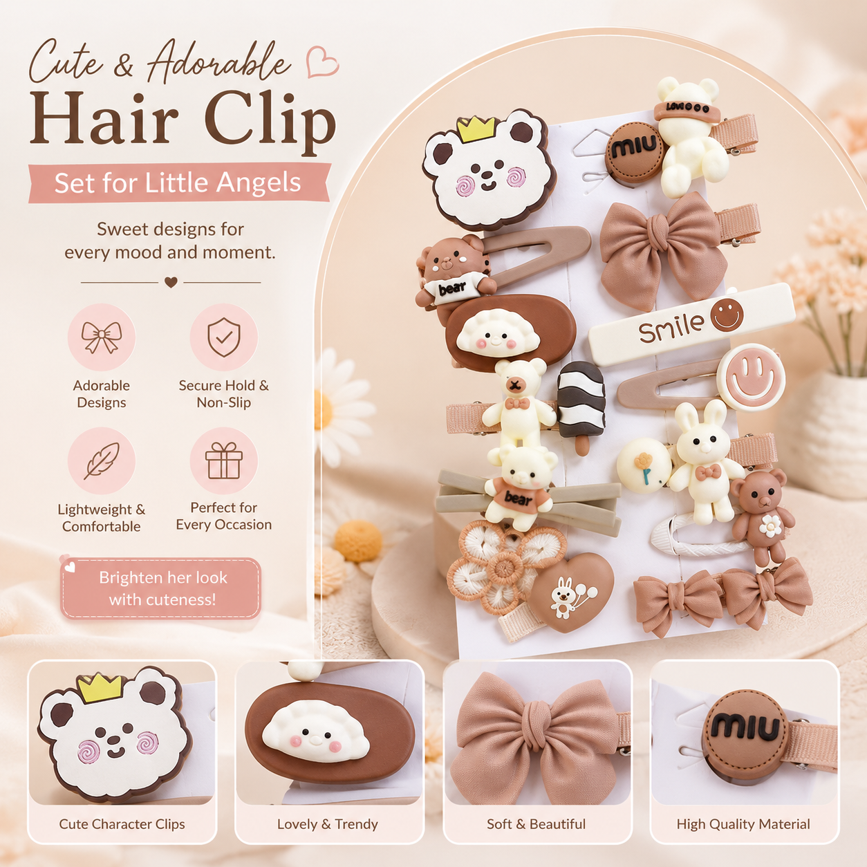 Cute Cartoon Hair Clips Set for Girls – Stylish, Non-Slip Hair Accessories