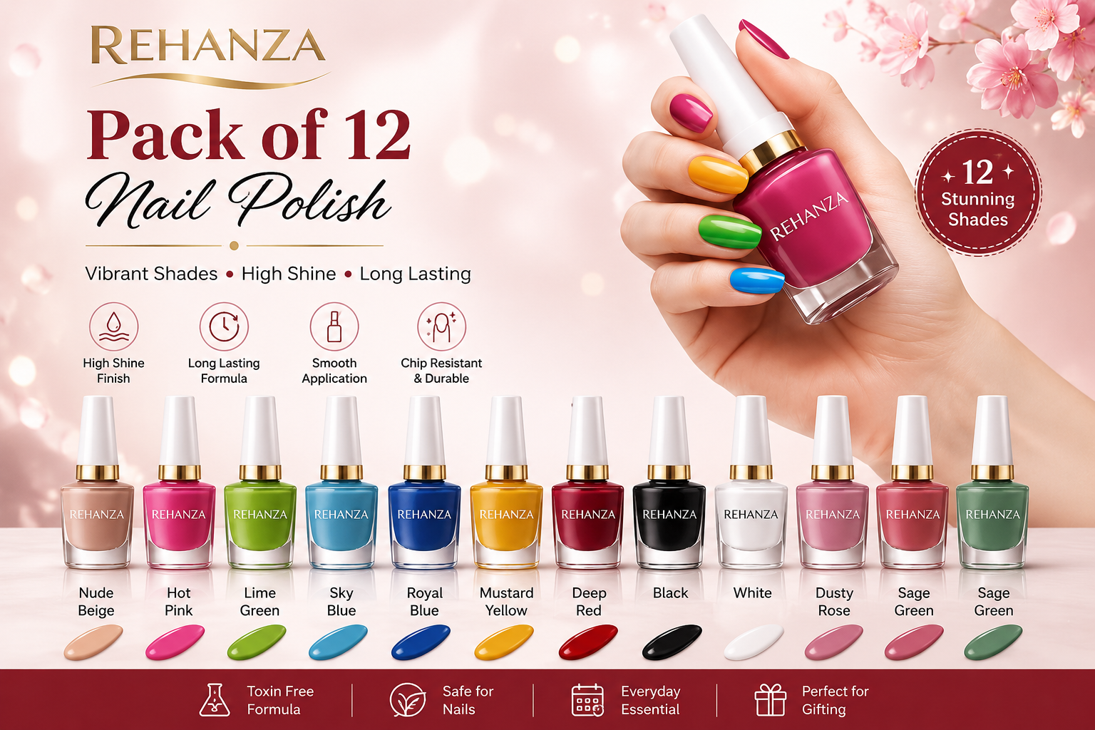 REHANZA Pack of 12 Nail Polish – Vibrant Colors with Salon-Quality Shine