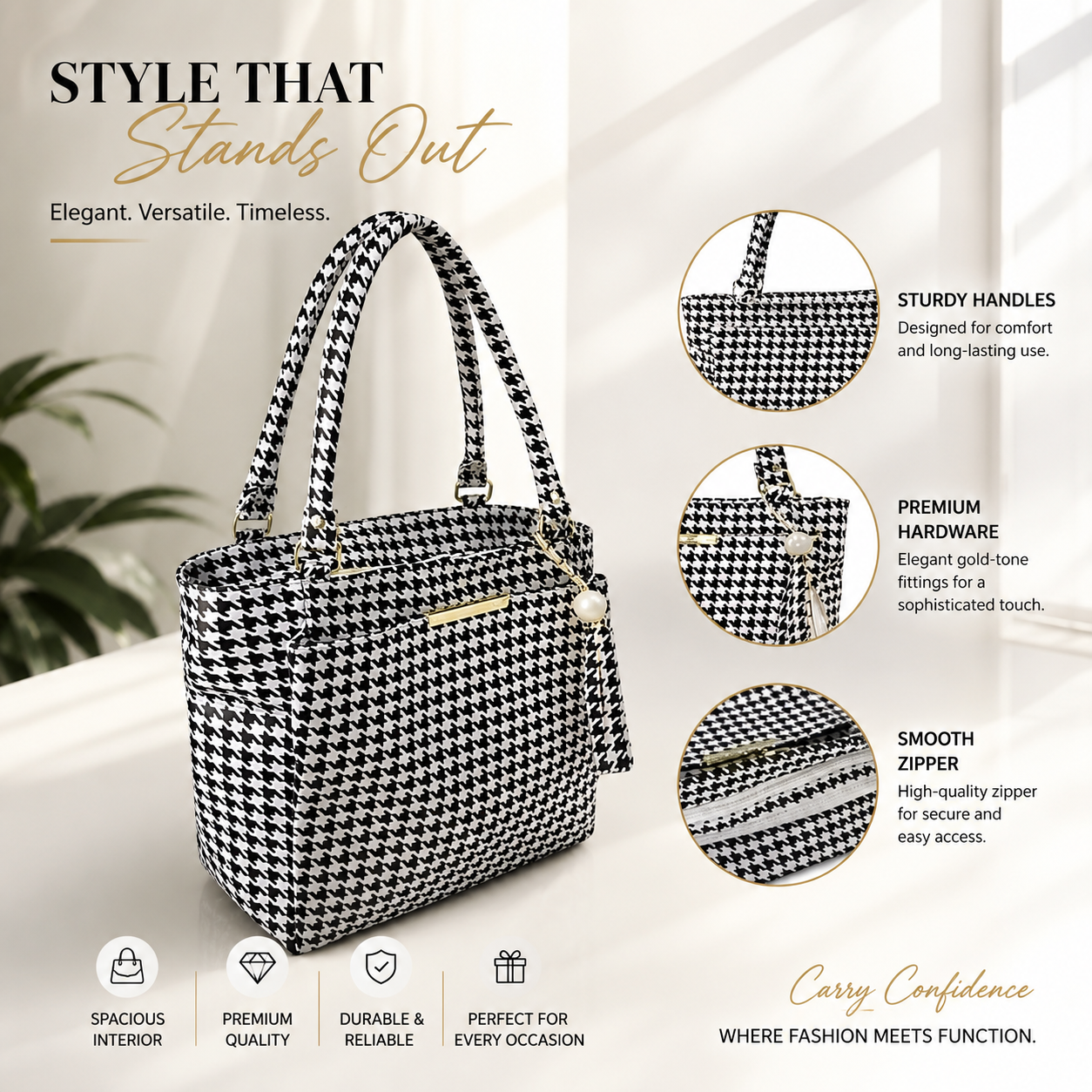 Classic Houndstooth Handbag for Women | Premium Stylish Tote Bag – Manya Zone