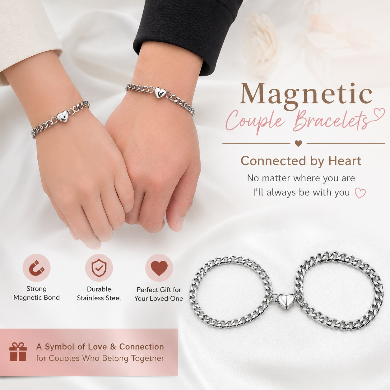 Magnetic Half Heart Couple Bracelets for Women & Men | Stainless Steel Matching Bracelets