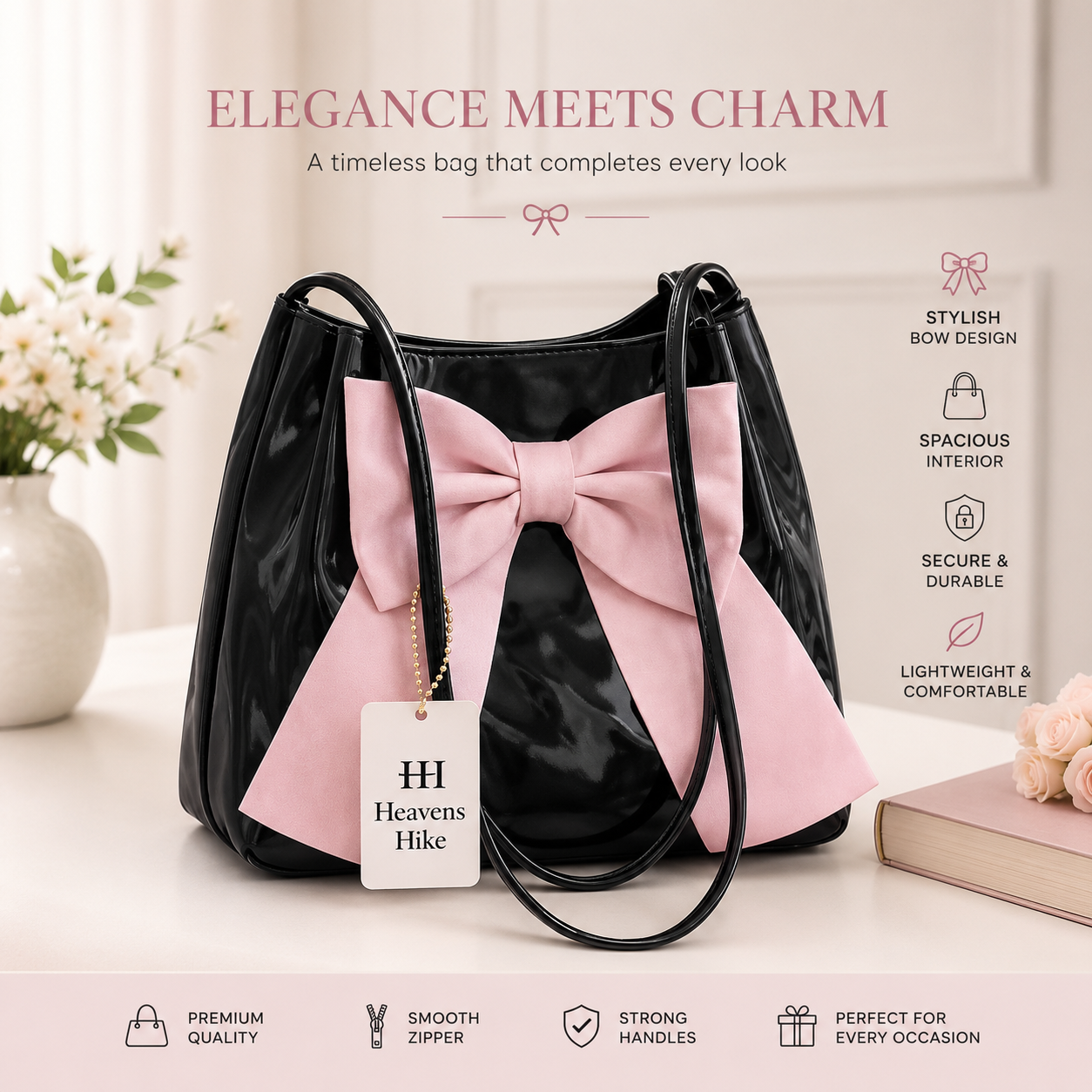 Elegant Black & Pink Bow Tote Bag – Chic Fashion for Every Occasion