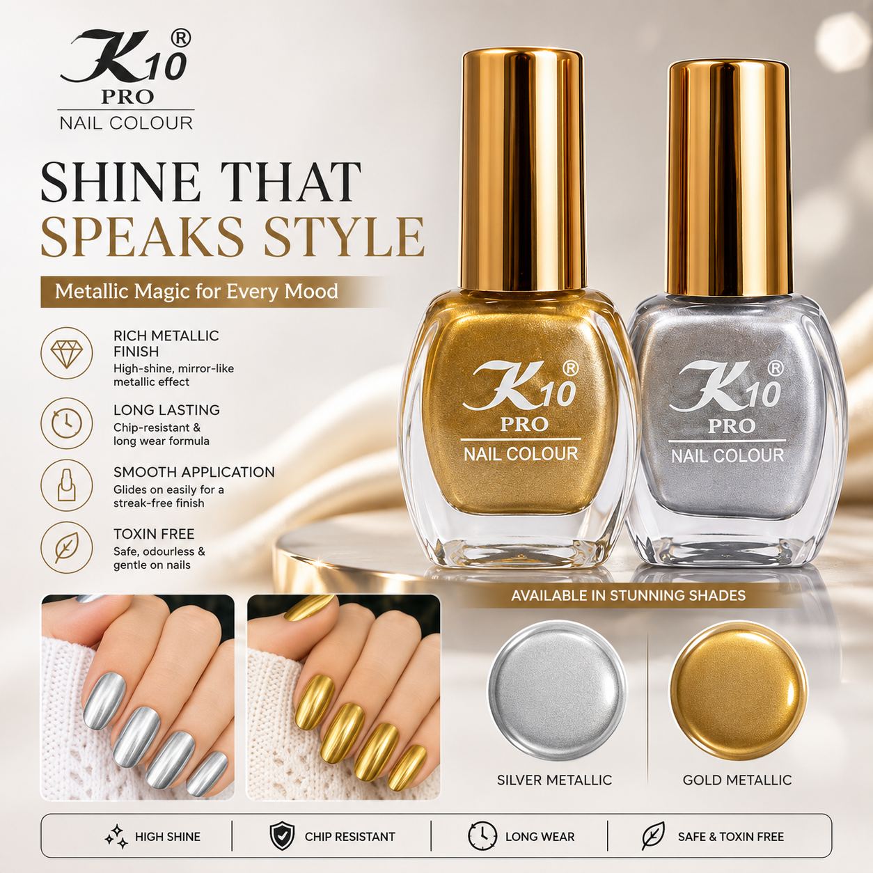 K10 Pro Metallic Nail Polish – High Shine, Long-Lasting & Chip-Resistant Finish