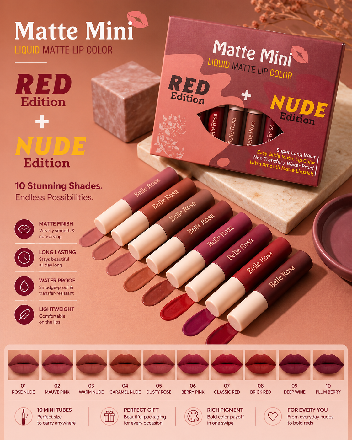 Belle Rosa Matte Mini Liquid Lipstick Set | Red + Nude Edition | 10 Waterproof, Transfer-Resistant & Long-Lasting Shades