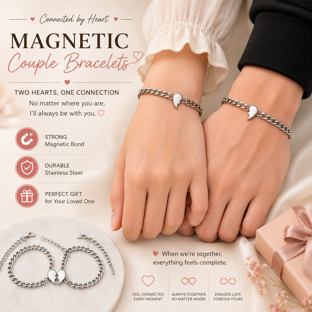 Magnetic Half Heart Couple Bracelets for Women & Men | Stainless Steel Matching Bracelets