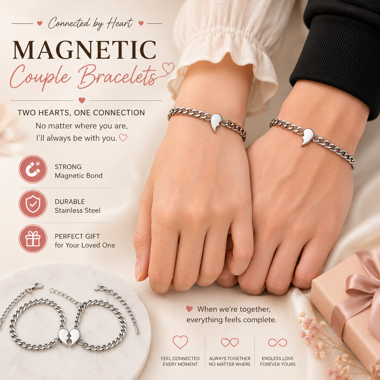 Magnetic Half Heart Couple Bracelets for Women & Men | Stainless Steel Matching Bracelets