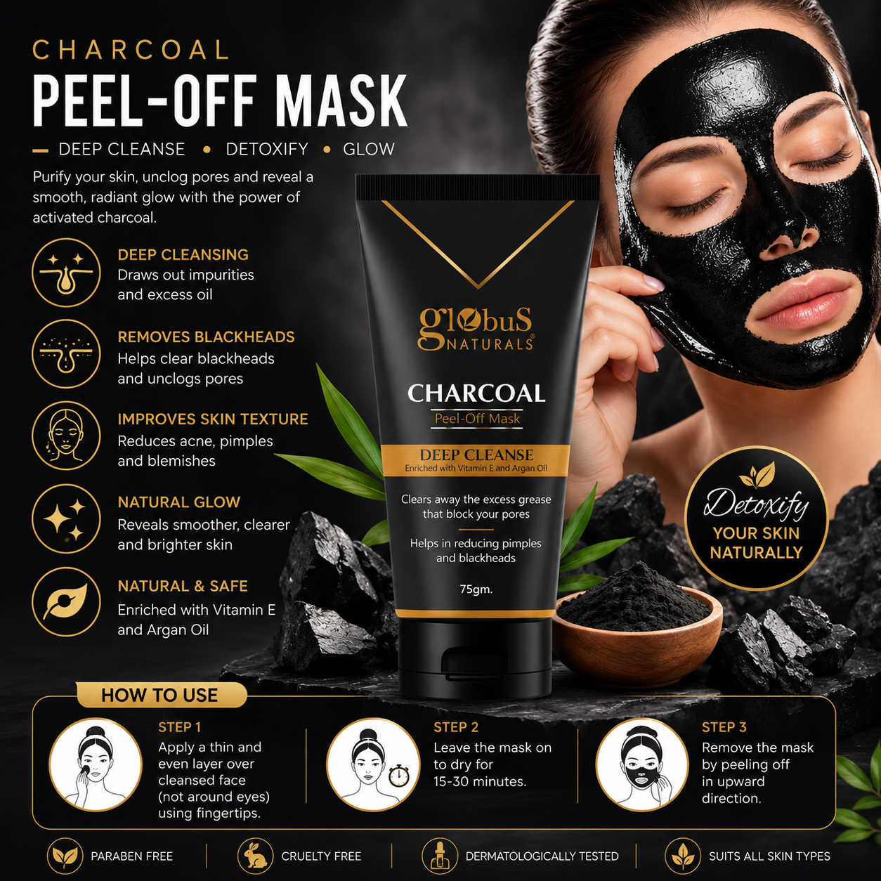 Globus Naturals Charcoal Peel-Off Mask | Deep Cleanse, Blackhead Removal & Glowing Skin