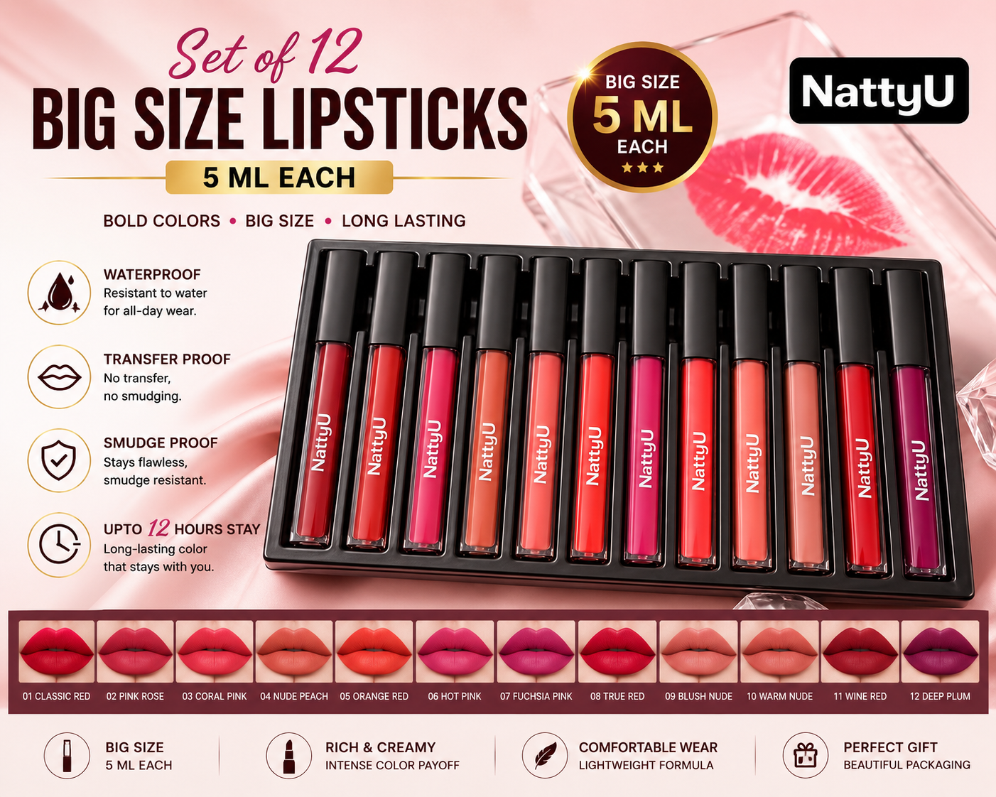 NattyU Matte Liquid Lipstick Set | 12 Waterproof, Transfer-Proof & Long-Lasting Lip Colors (5ml Each)