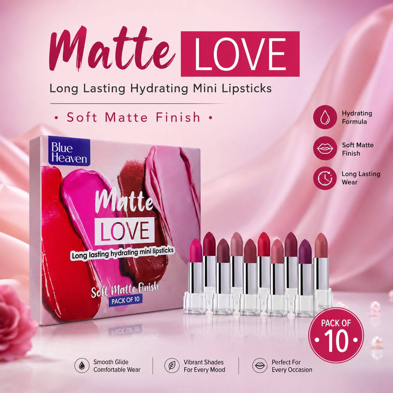 Blue Heaven Matte Love Mini Lipstick Set – Pack of 10 | Soft Matte Finish & Long-Lasting Color