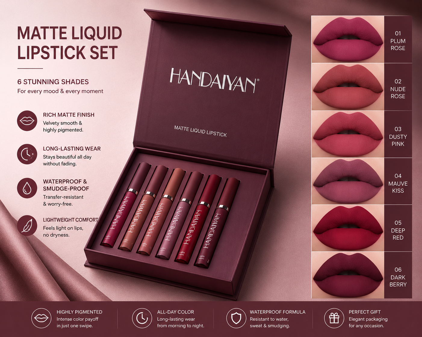 HANDAIYAN Matte Liquid Lipstick Set | 6 Waterproof, Smudge-Proof & Highly Pigmented Shades