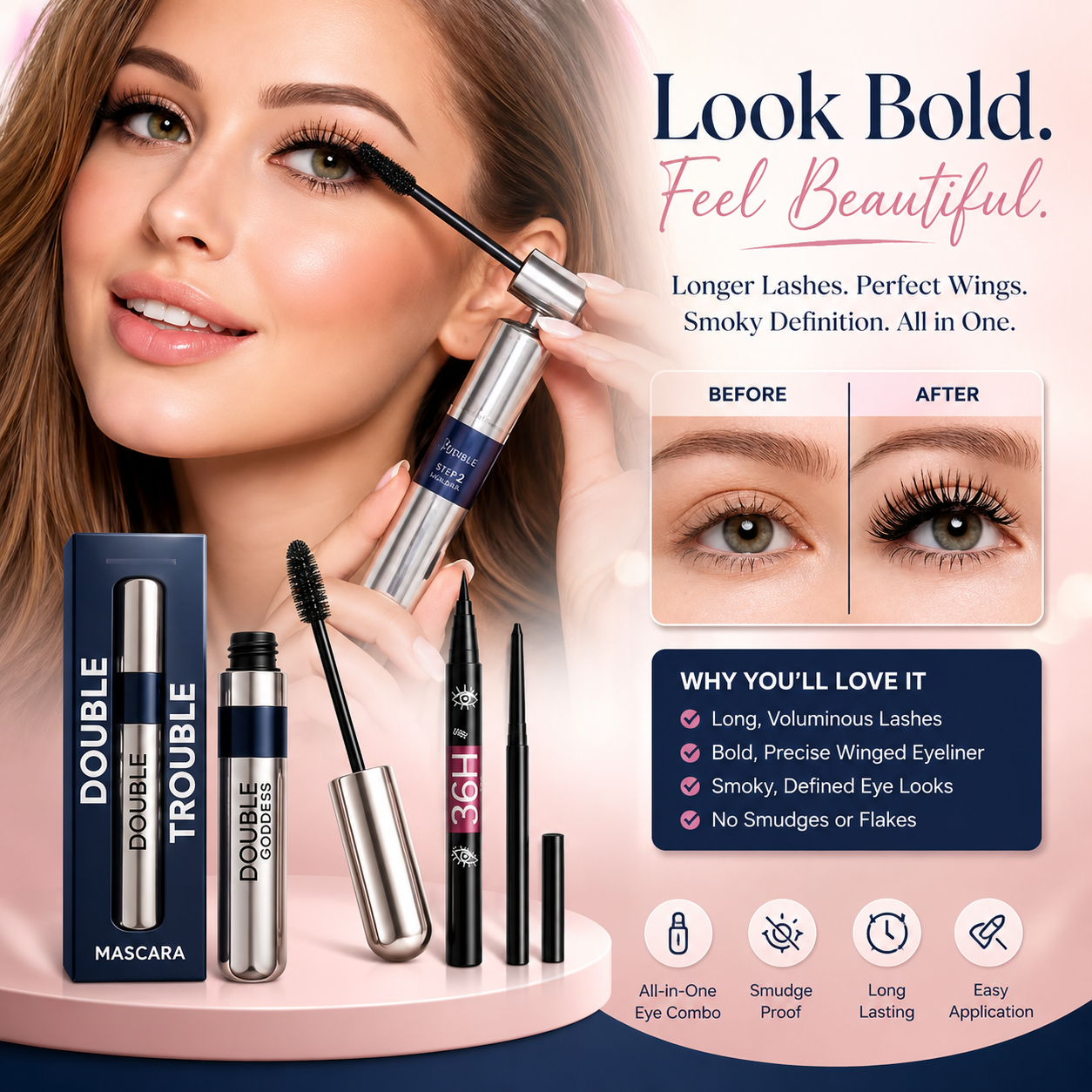 Double Trouble Eye Makeup Combo – Voluminous Mascara & 36H Waterproof Eyeliner