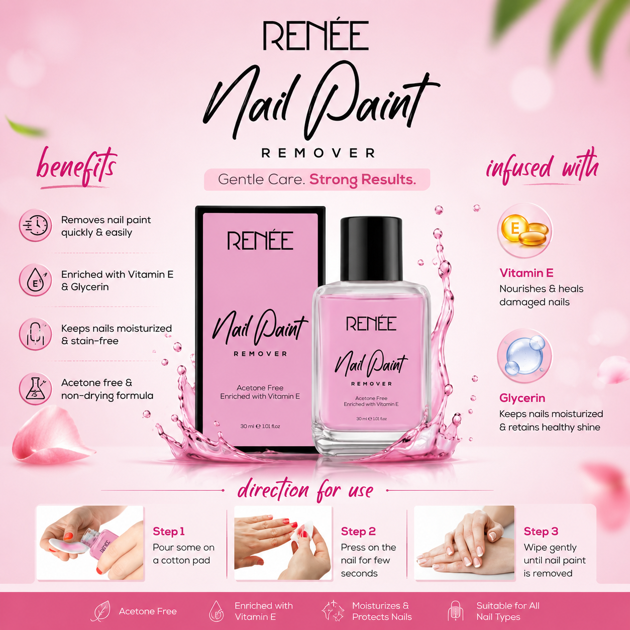 RENÉE Nail Paint Remover – Acetone-Free Formula with Vitamin E & Glycerin