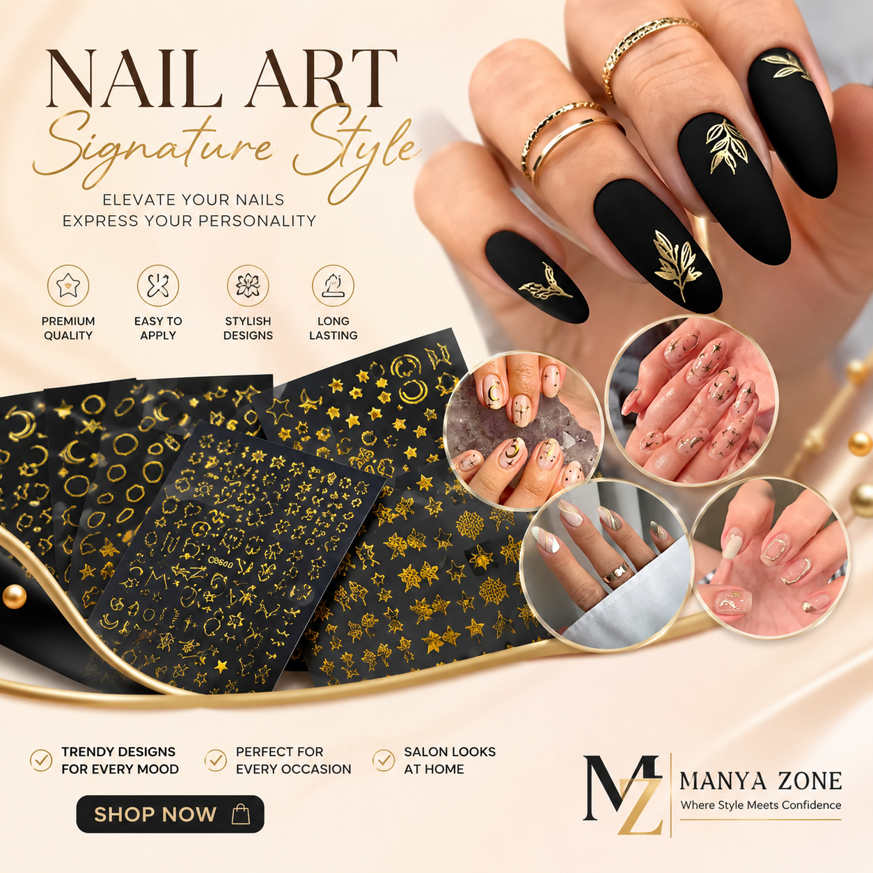 Premium Nail Art Stickers – Elegant Gold Nail Decals for DIY Manicure | Manya Zone