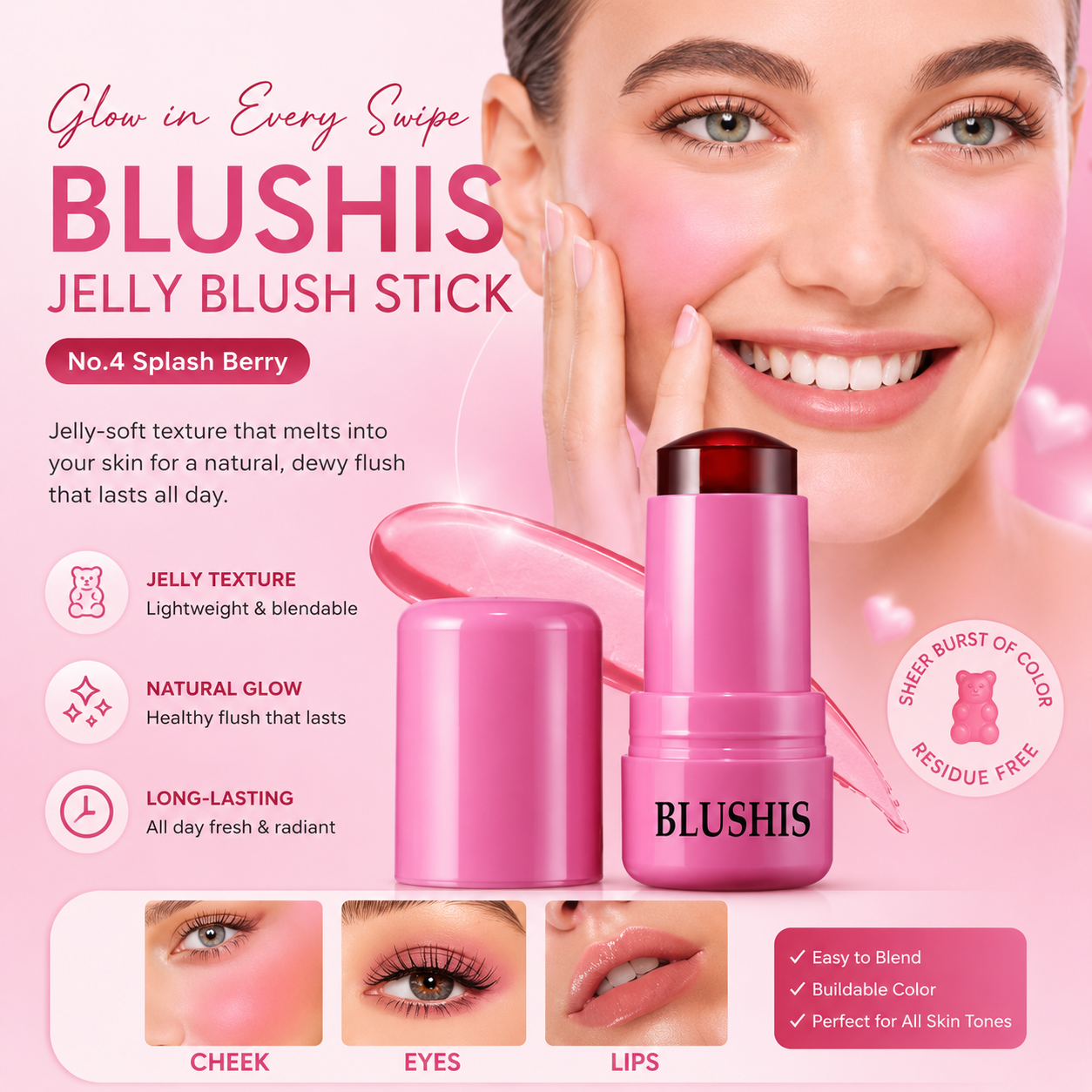 BLUSHIS Jelly Blush Stick – Splash Berry | Natural Glow for Cheeks, Eyes & Lips